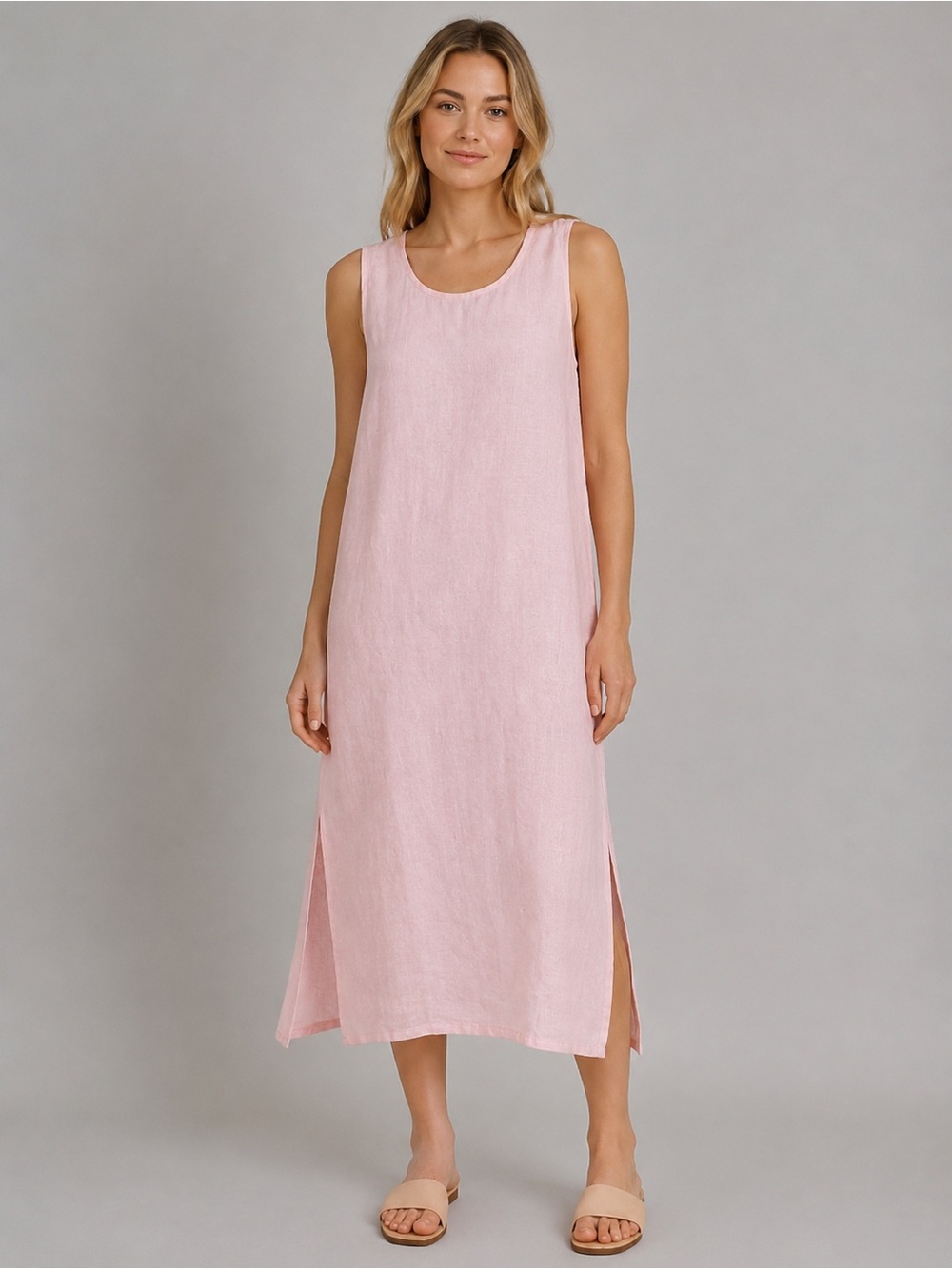 FLAX Linen Maxi Dress Women’s Small Side Slit Lagenlook Coastal Pink B4